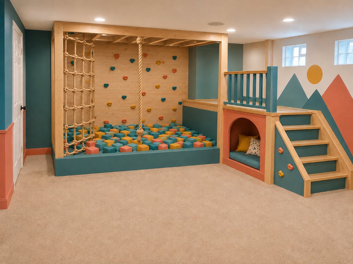 Design concept for a basement playroom with climbing wall, rope net, foam pit and a raised nook