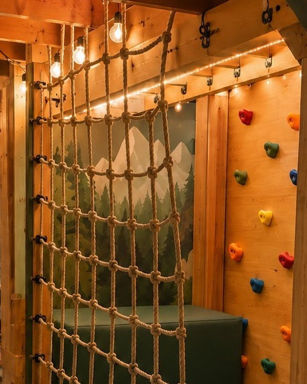 Knotted rope net over a padded landing with a painted forest mural behind