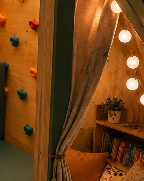Curtained reading nook with a bookshelf, lantern and cushions