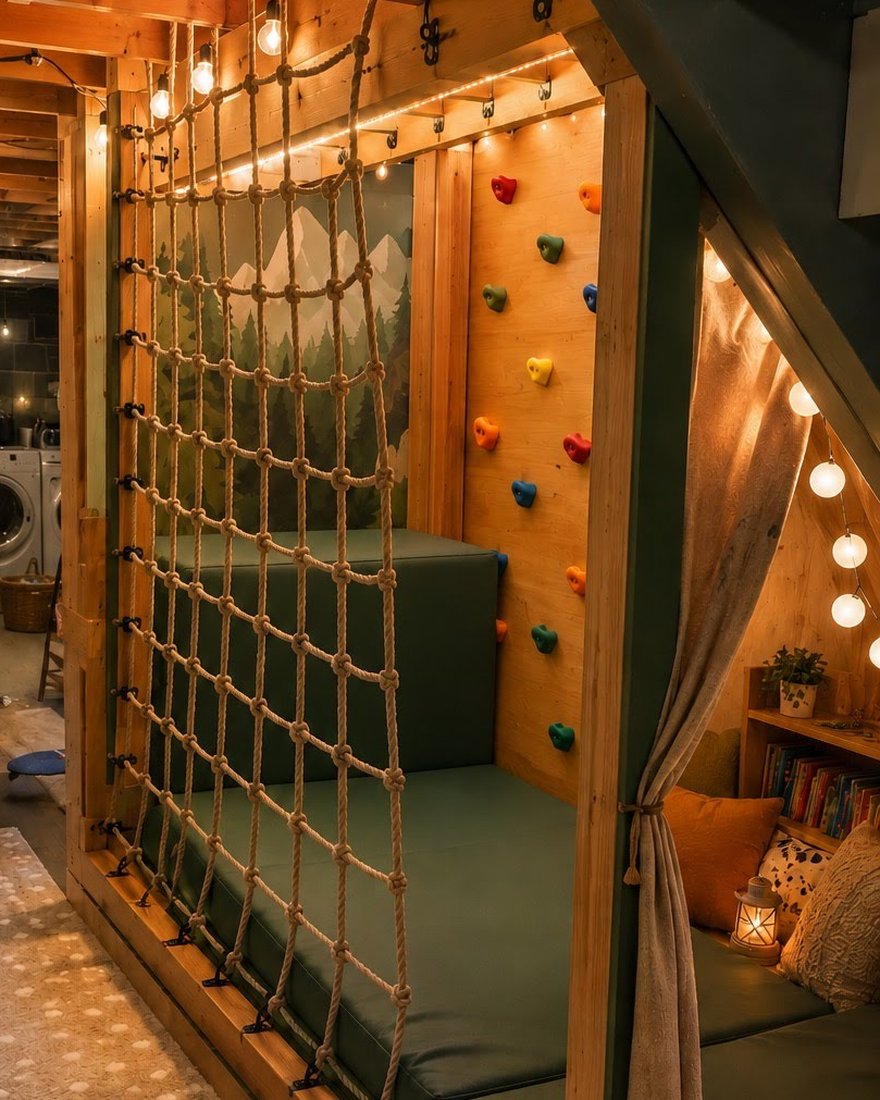 A basement playroom with a rope net, climbing wall, painted forest mural, string lights and a curtained reading nook
