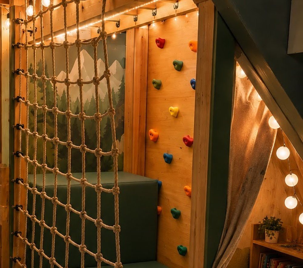The finished basement playroom lit at night